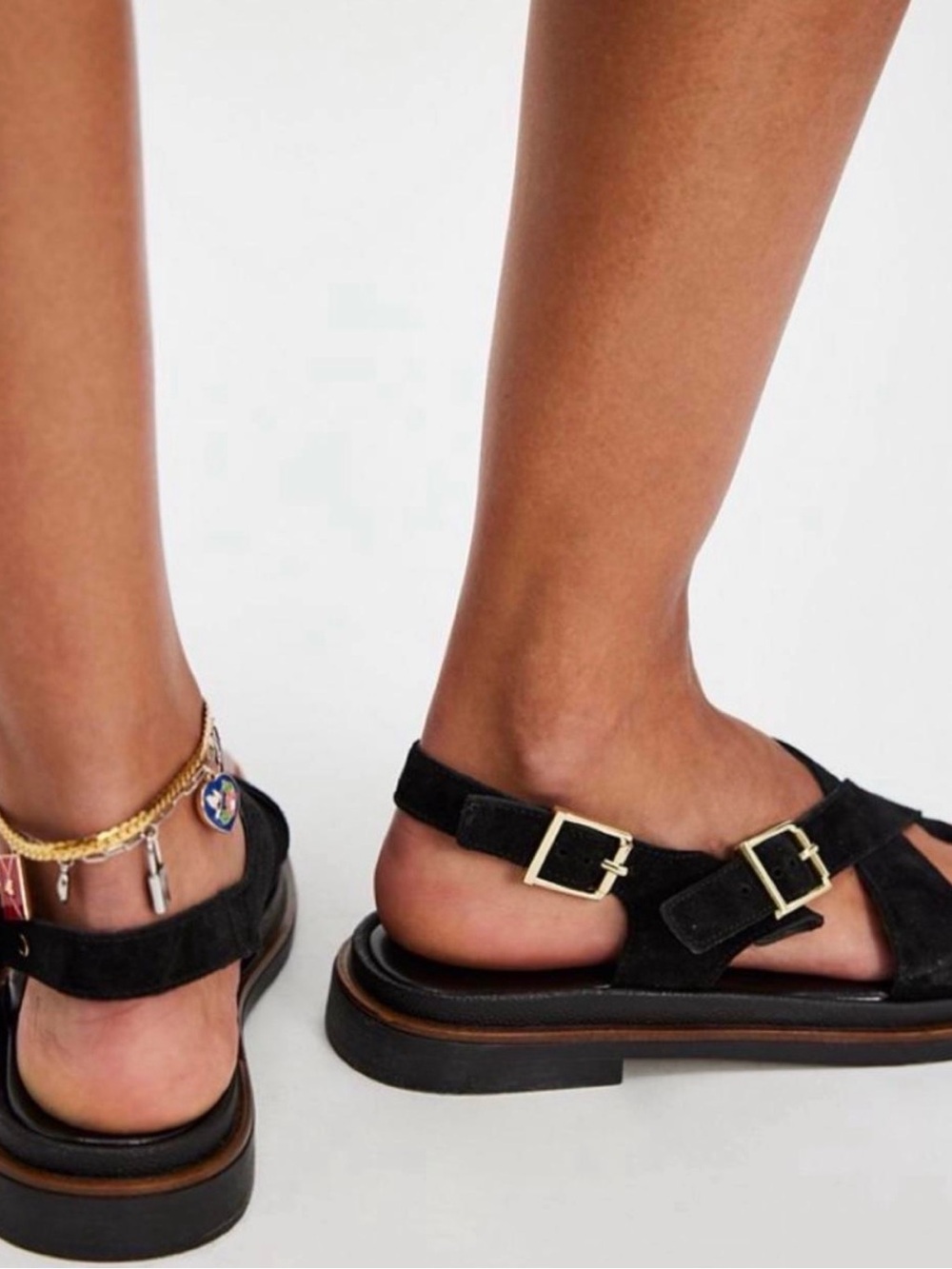Free People Black Suede Double-Buckle Sandals with Gold Buckles